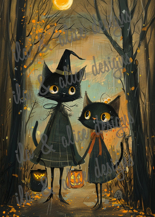 Black Cats Going Trick or Treating Halloween Postcards Post Cards ila & alice 