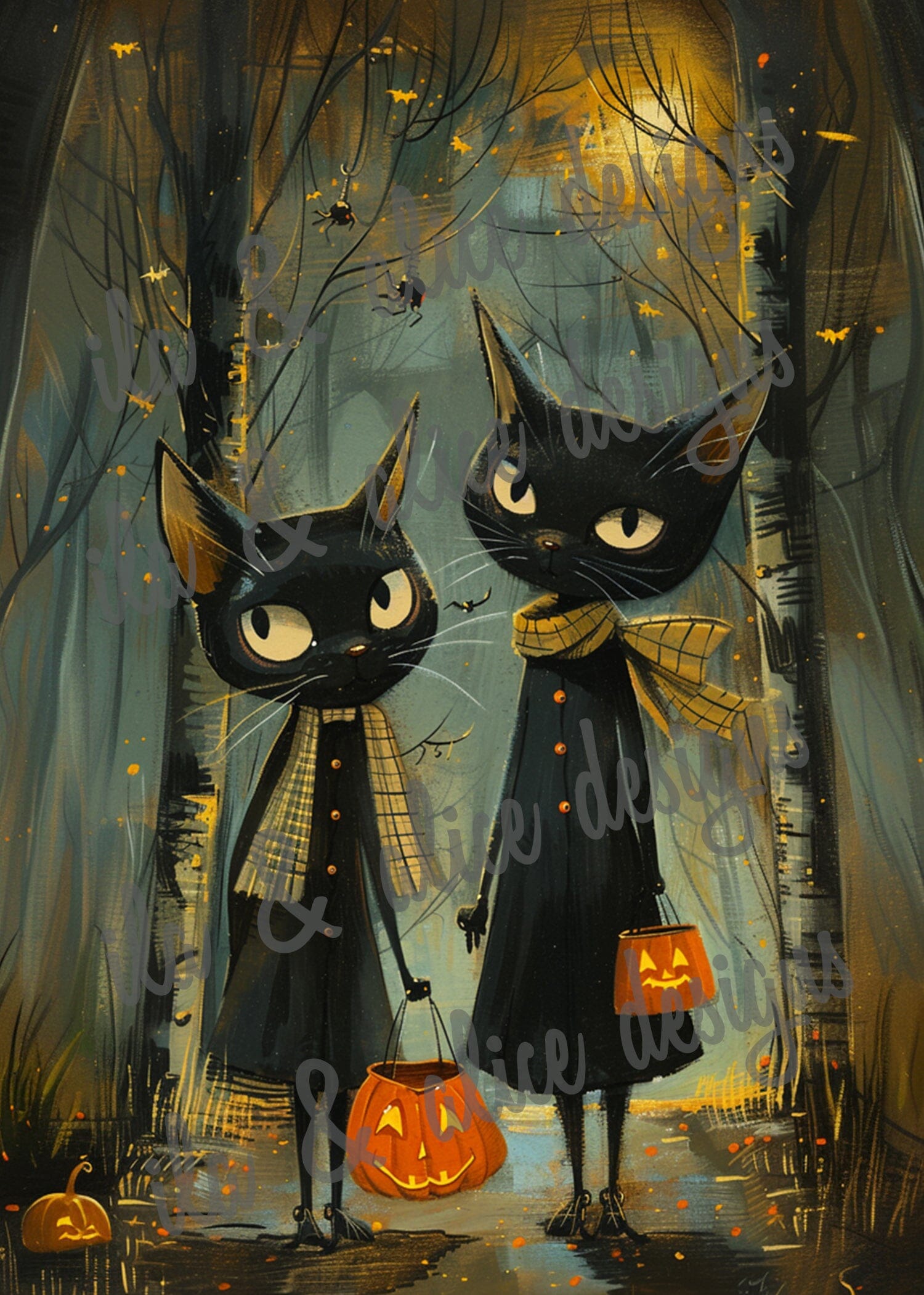 Black Cats Going Trick or Treating Halloween Postcards Post Cards ila & alice 