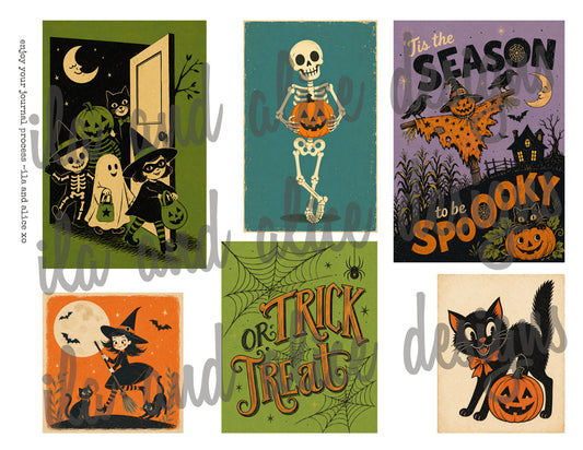 A collage of six Halloween-themed art prints or cards featuring skeletons, pumpkins, a witch, a black cat, spiders, bats, and spooky text on muted green, teal, orange, purple, and beige backgrounds.