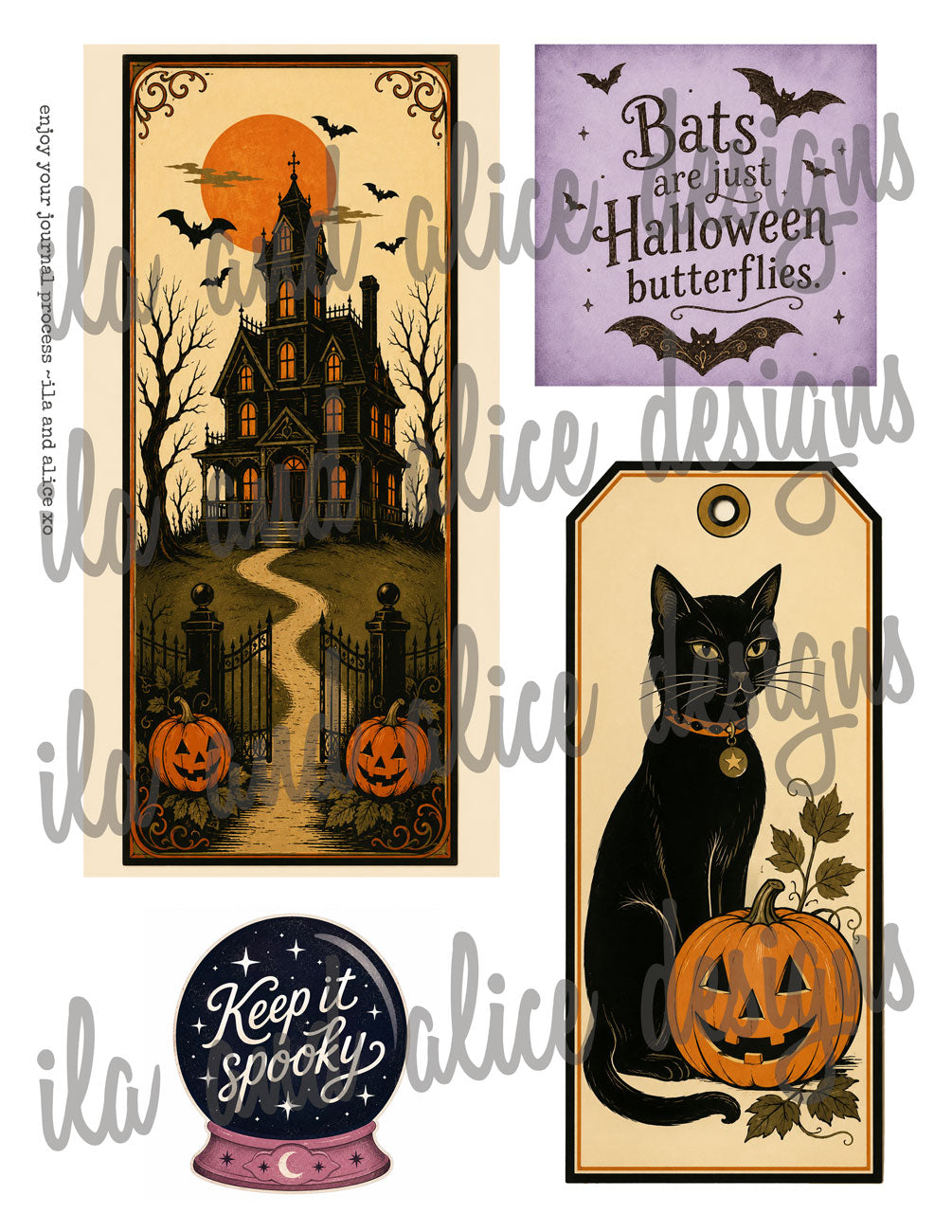 A collage of Halloween-themed decorative graphics and labels: a haunted house scene with bats and pumpkins, a purple sign reading 'Bats are just Halloween butterflies,' a black cat with a pumpkin on a cream tag, and a round crystal ball reading 'Keep it spooky.' A large translucent 'ila slice designs' watermark overlays the artwork.