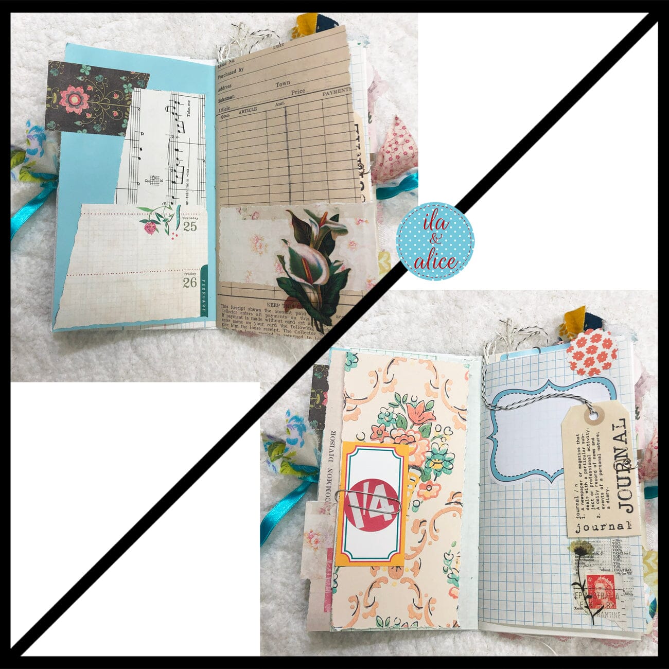 Whimsical Shabby Junk Journal- Blue w Birds Flowers and Lace Collage Journal ila & alice 