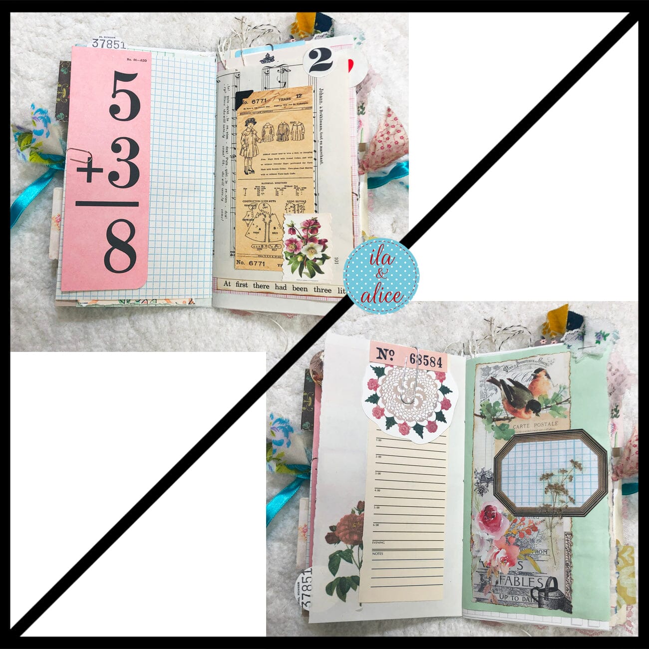 Whimsical Shabby Junk Journal- Blue w Birds Flowers and Lace Collage Journal ila & alice 