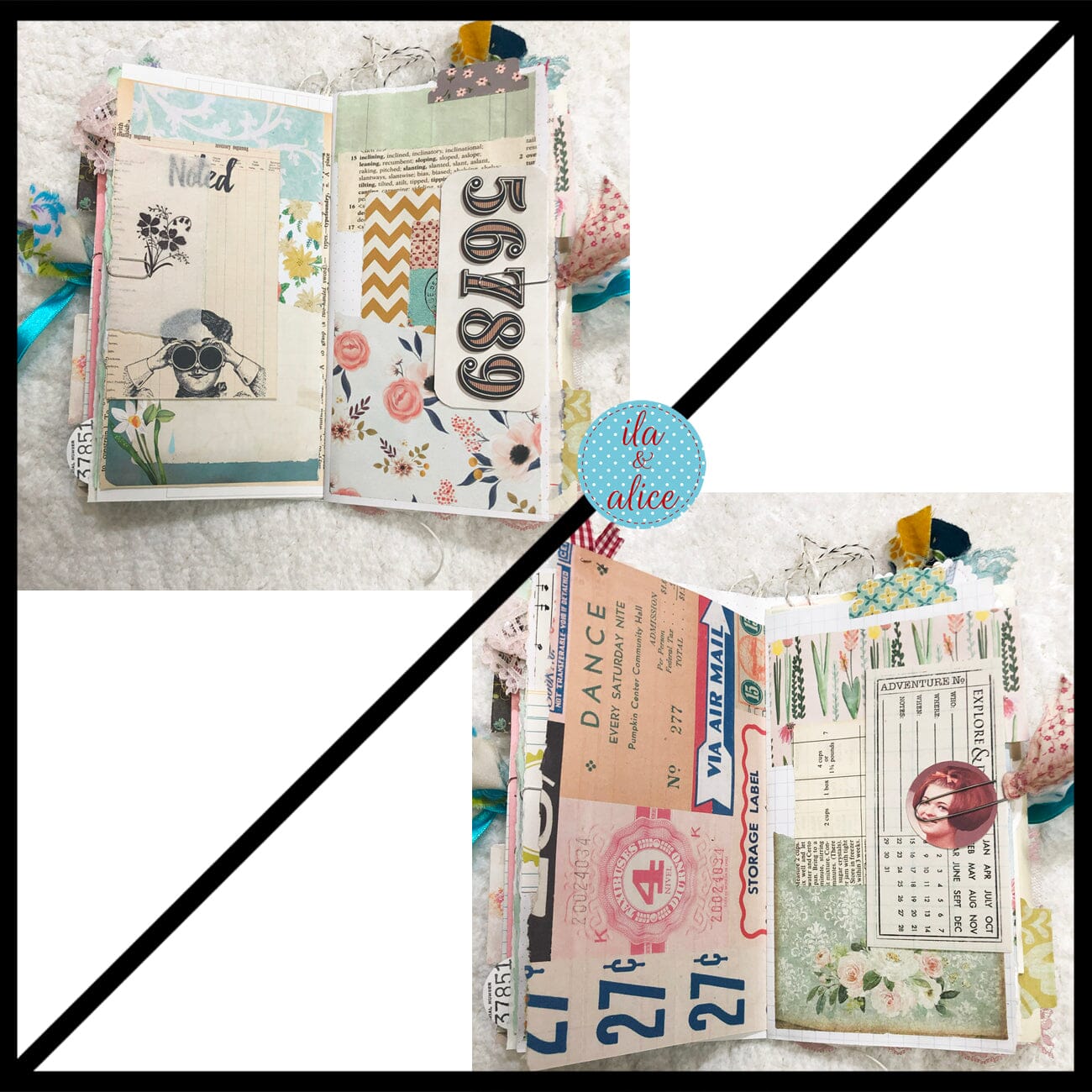 Whimsical Shabby Junk Journal- Blue w Birds Flowers and Lace Collage Journal ila & alice 