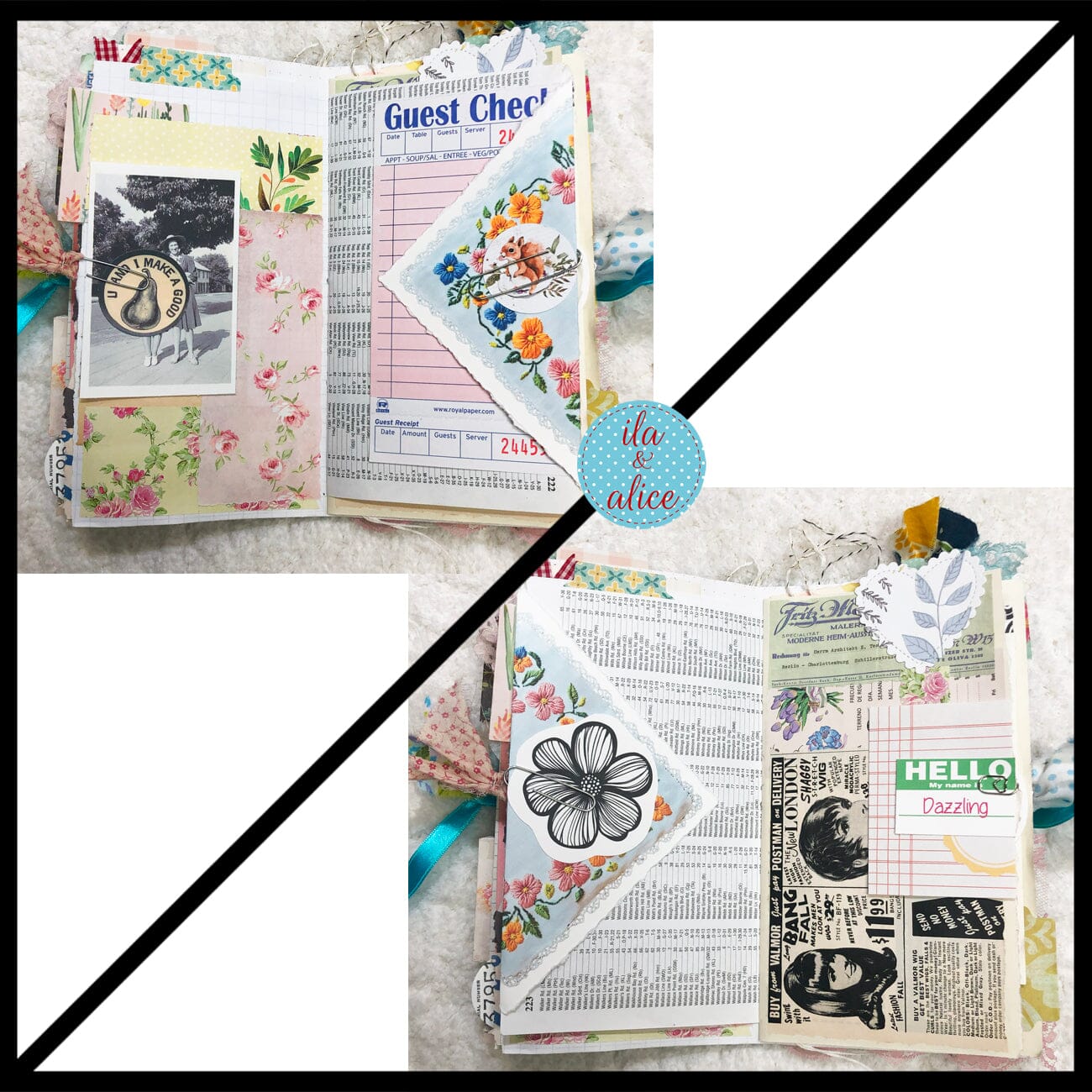 Whimsical Shabby Junk Journal- Blue w Birds Flowers and Lace Collage Journal ila & alice 