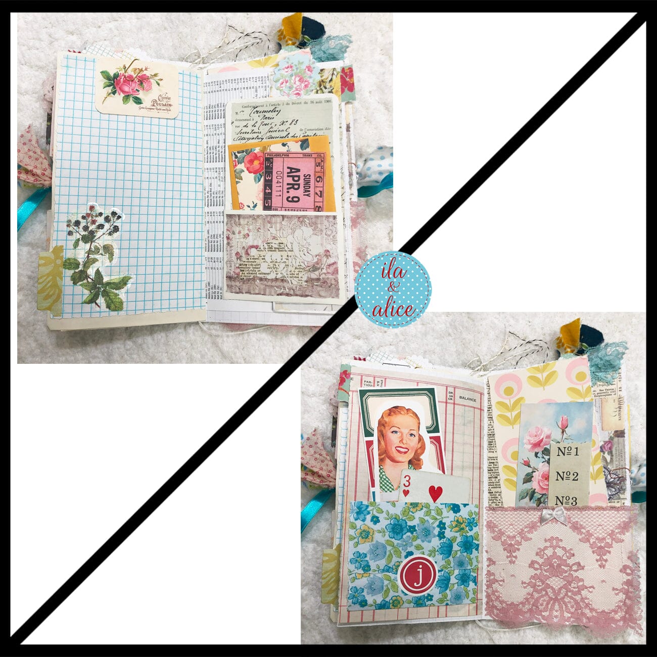 Whimsical Shabby Junk Journal- Blue w Birds Flowers and Lace Collage Journal ila & alice 