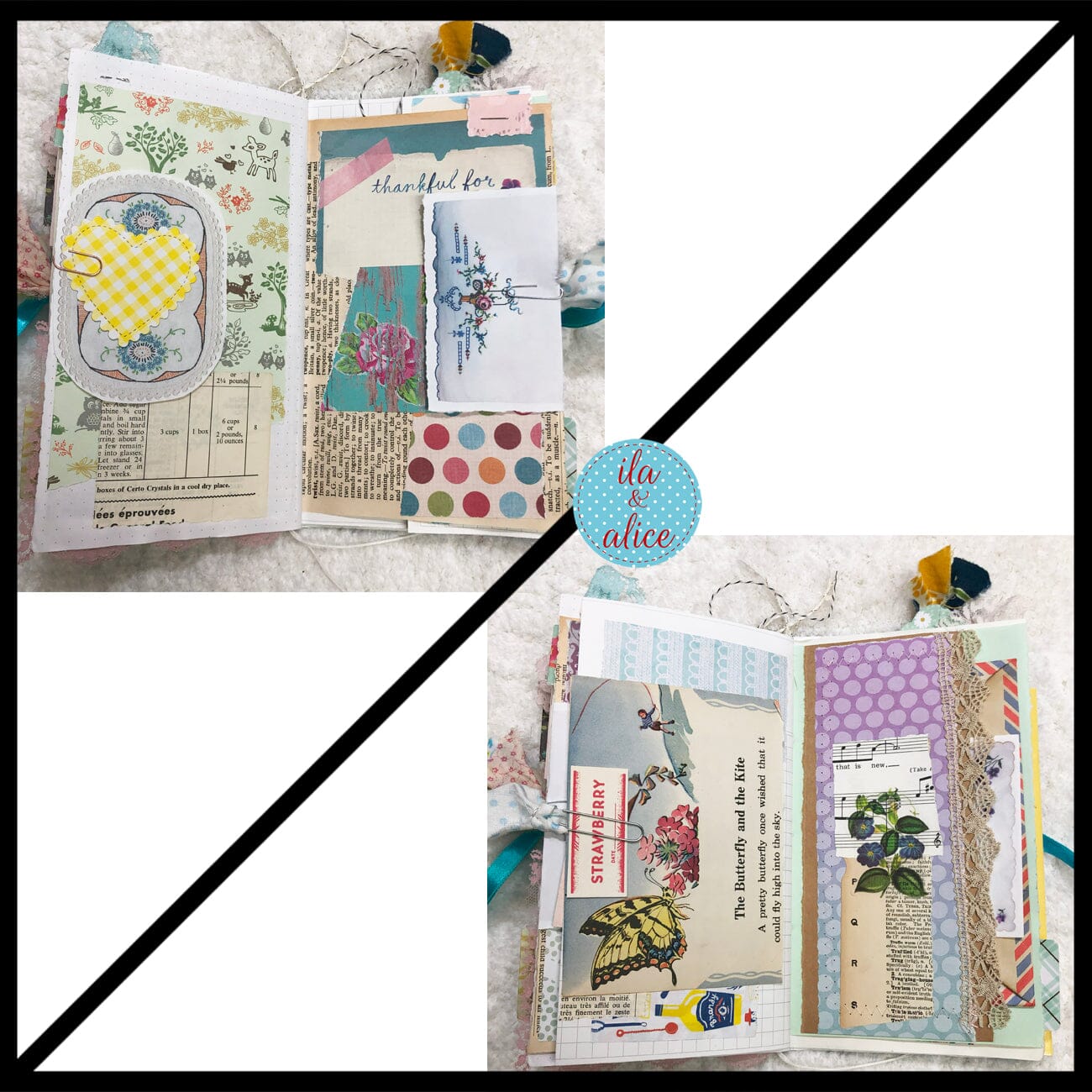 Whimsical Shabby Junk Journal- Blue w Birds Flowers and Lace Collage Journal ila & alice 