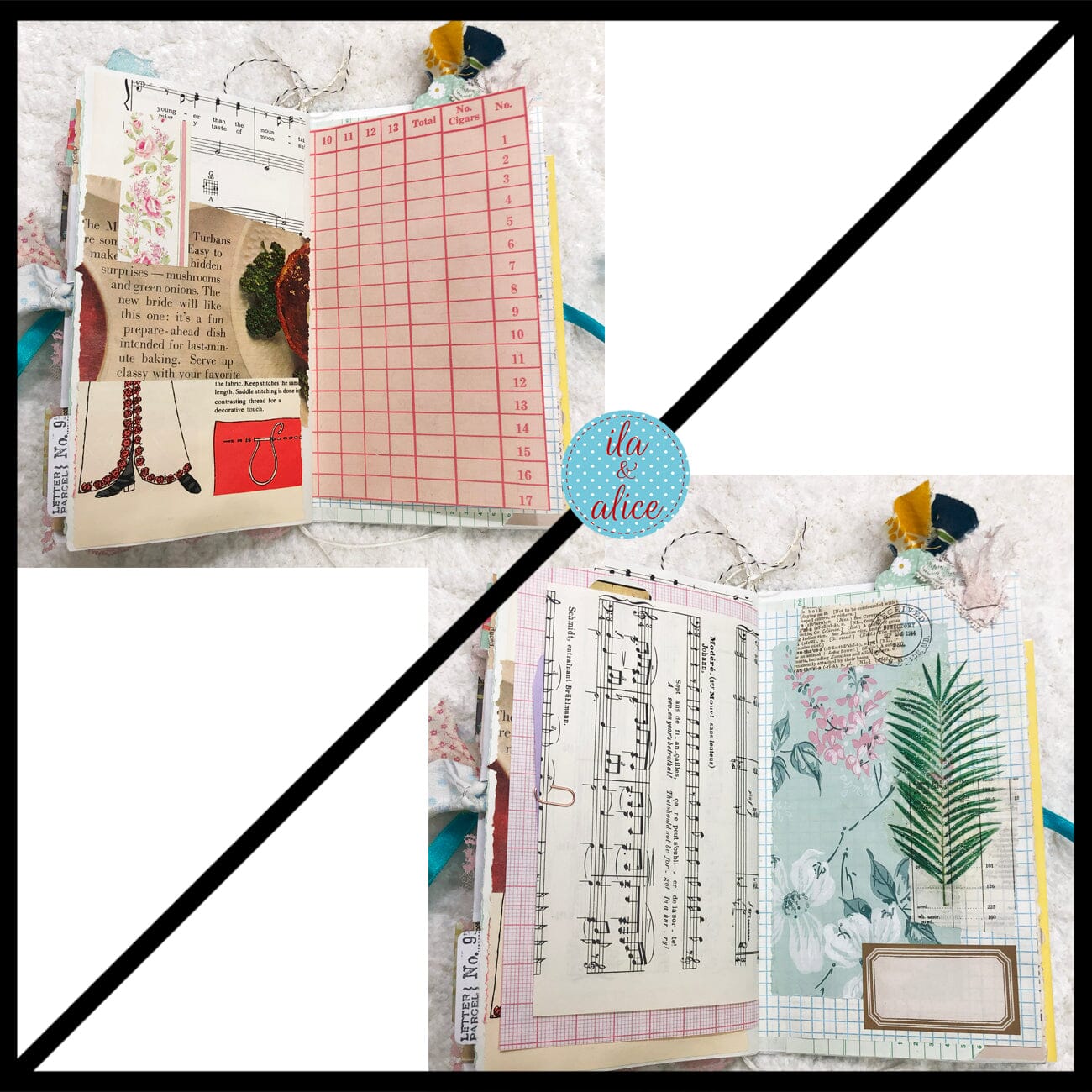 Whimsical Shabby Junk Journal- Blue w Birds Flowers and Lace Collage Journal ila & alice 