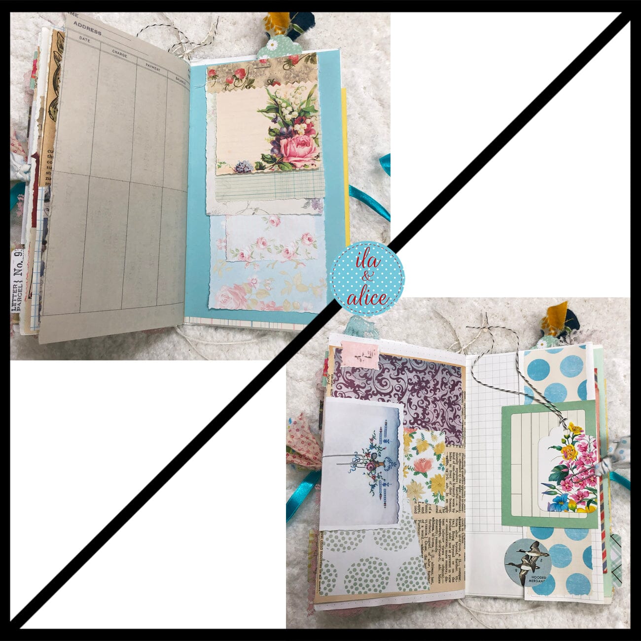 Whimsical Shabby Junk Journal- Blue w Birds Flowers and Lace Collage Journal ila & alice 
