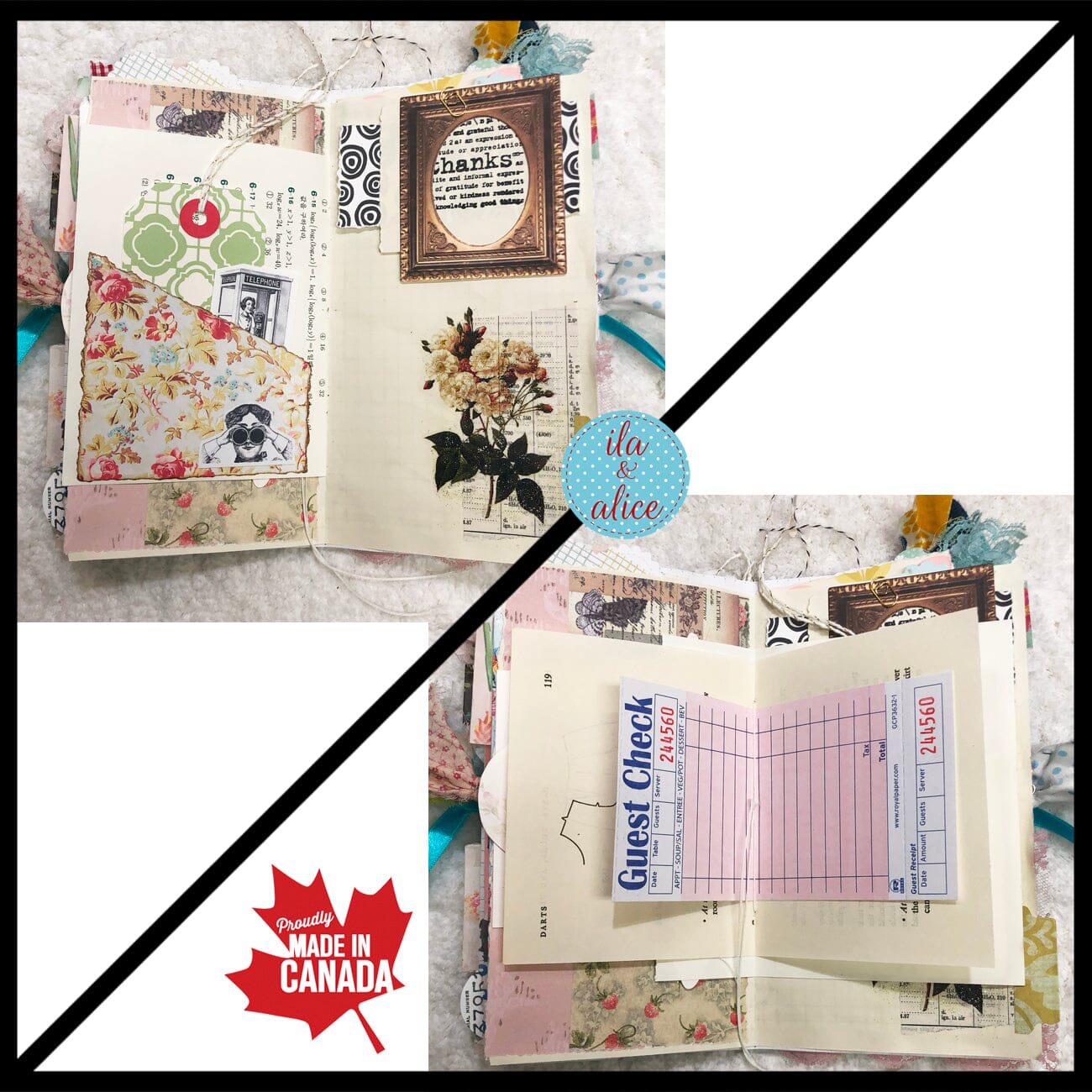 Whimsical Shabby Junk Journal- Blue w Birds Flowers and Lace Collage Journal ila & alice 