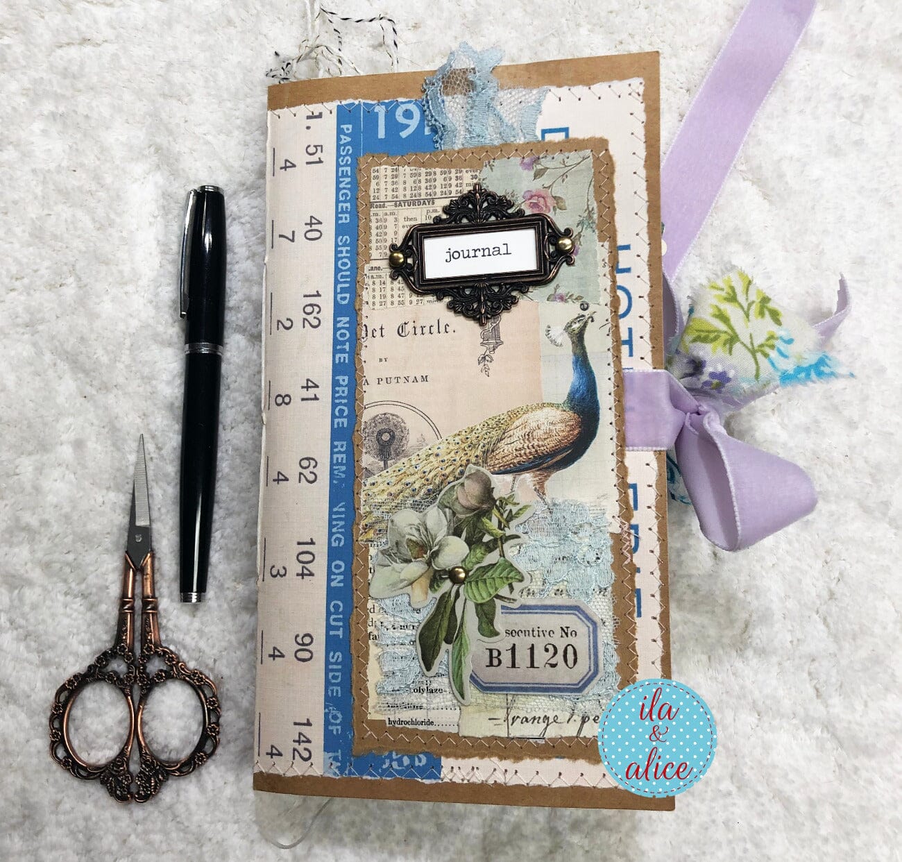 Whimsical Shabby Junk Journal- Blue Floral Mixed Media with Peacock and Lace Journal ila & alice 