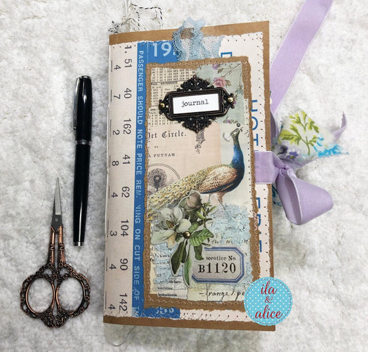 Whimsical Shabby Junk Journal- Blue Floral Mixed Media with Peacock and Lace Journal ila & alice 