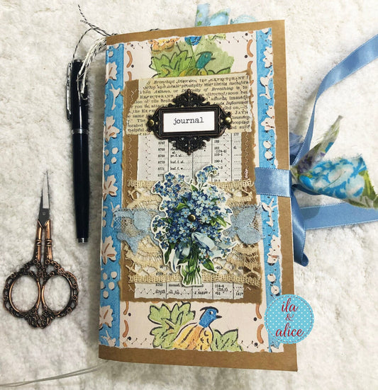 Whimsical Shabby Junk Journal- Blue Vintage Wallpaper with Blue Flowers and Lace Journal ila & alice 