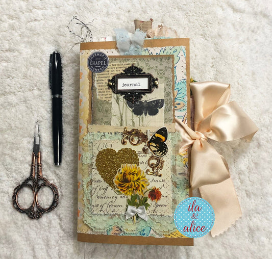 Whimsical Shabby Junk Journal- Elegant Collage with Fowers, Butterfly and Lace Journal ila & alice 
