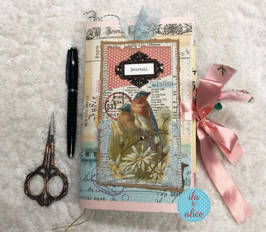 Whimsical Shabby Junk Journal- Pink and Blue Mixed Media w Polka Dots Blue Birds & Daisies Journal ila & alice 