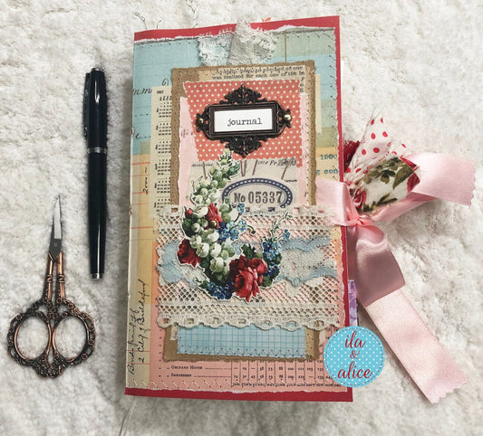 Whimsical Shabby Junk Journal- Pink and Blue with Polka Dots, Red Flowers and Lace Journal ila & alice 