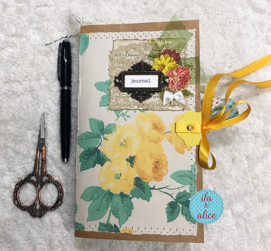 Whimsical Shabby Junk Journal- Pretty Yellow Roses Mixed Media with Lace and Ribbon Journal ila & alice 