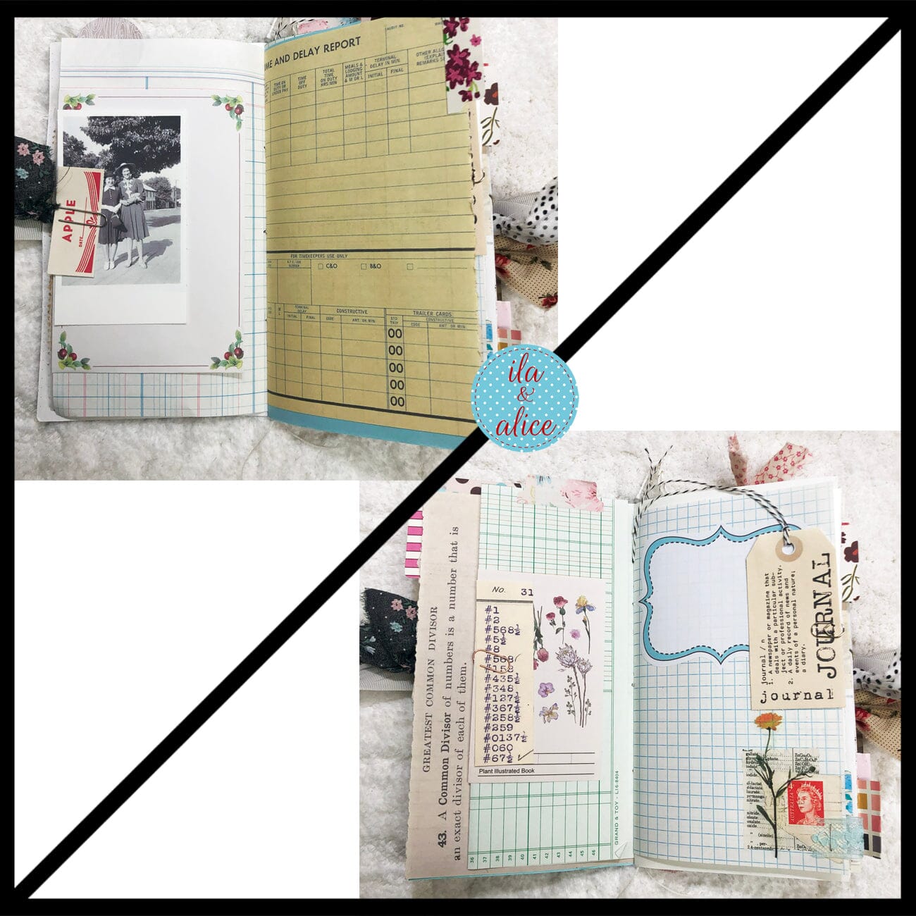 Whimsical Shabby Junk Journal- Pretty neutral tones Collage with Flowers & Lace Journal ila & alice 