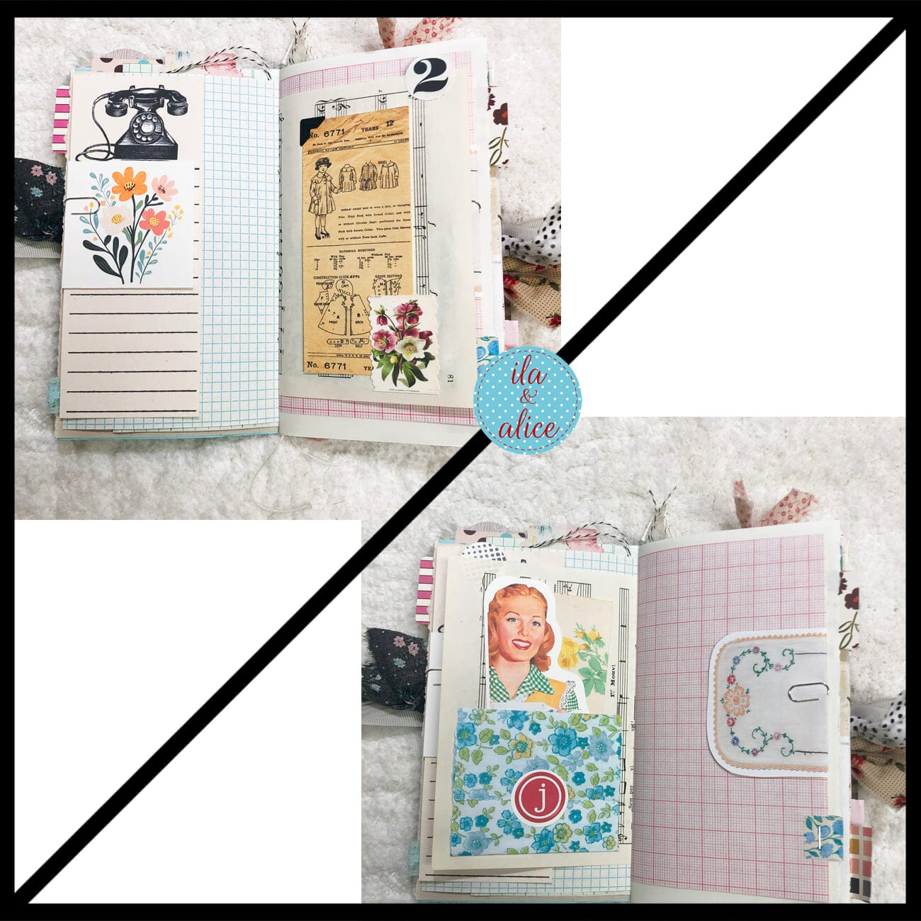 Whimsical Shabby Junk Journal- Pretty neutral tones Collage with Flowers & Lace Journal ila & alice 