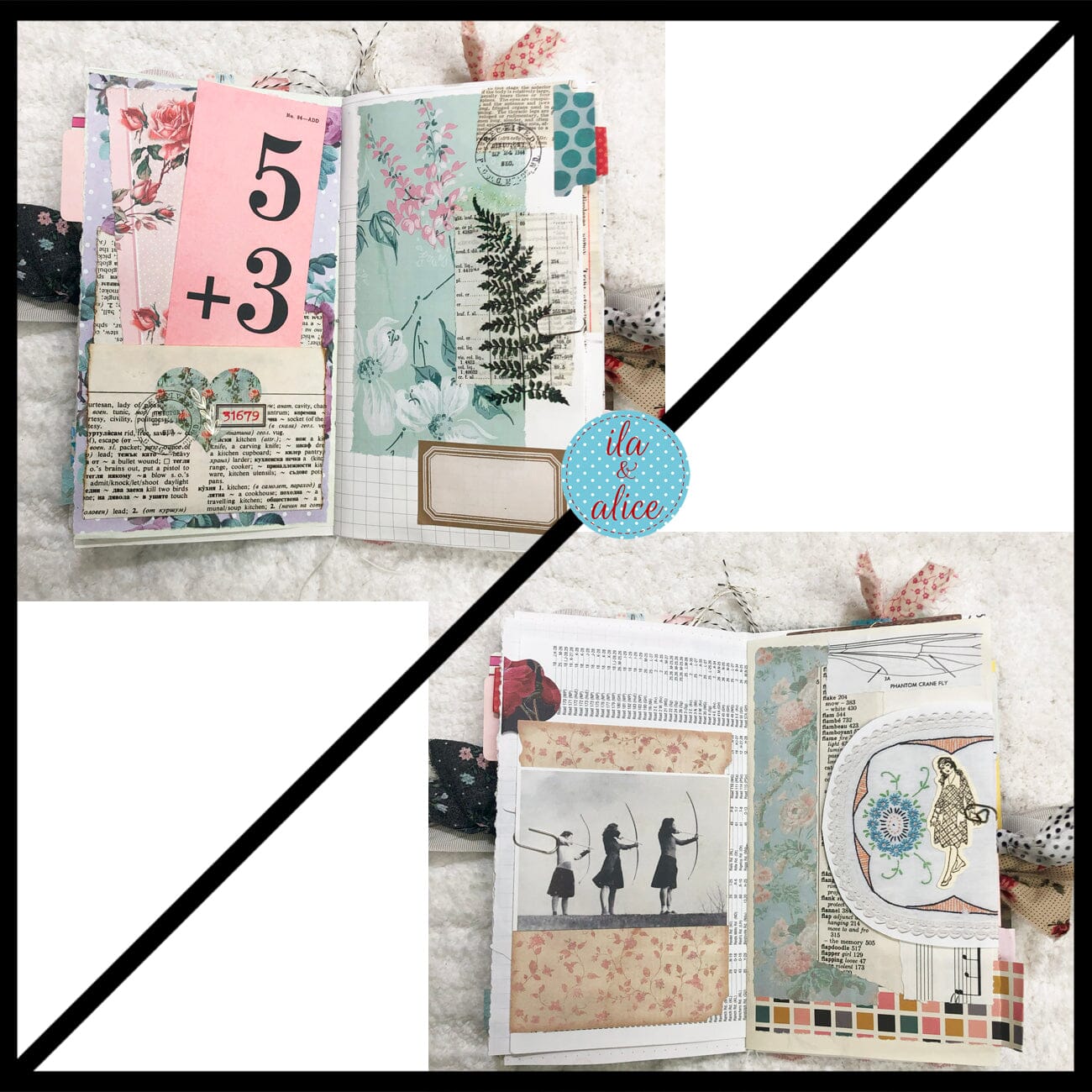 Whimsical Shabby Junk Journal- Pretty neutral tones Collage with Flowers & Lace Journal ila & alice 