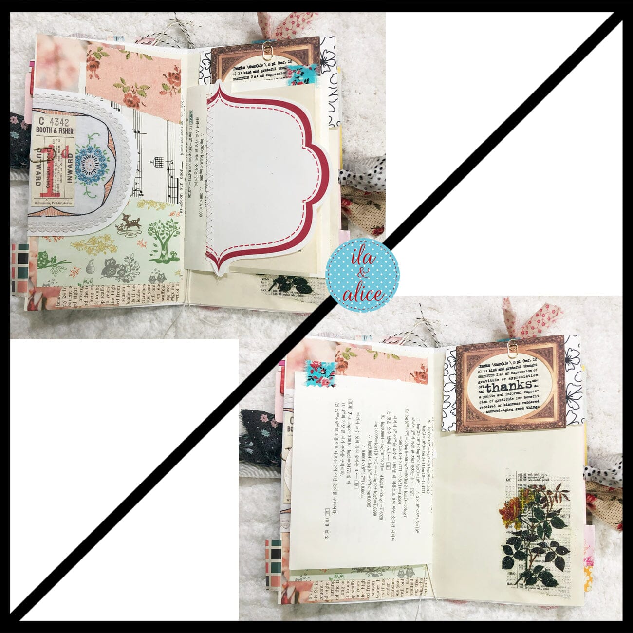 Whimsical Shabby Junk Journal- Pretty neutral tones Collage with Flowers & Lace Journal ila & alice 