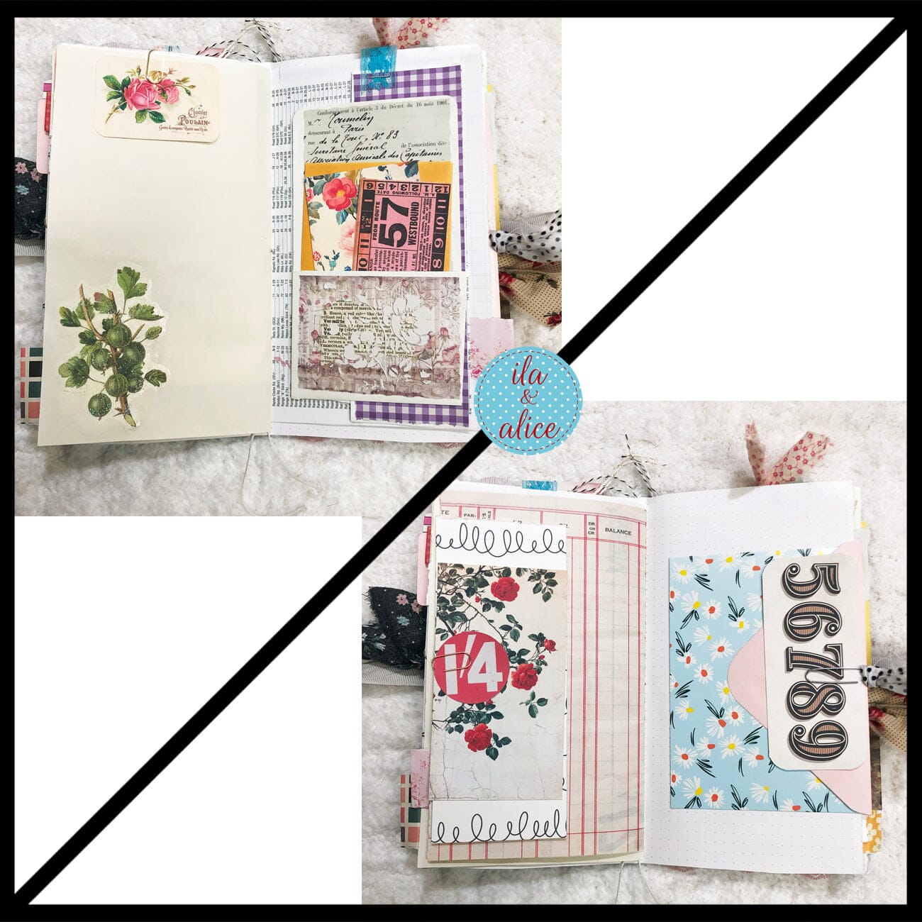 Whimsical Shabby Junk Journal- Pretty neutral tones Collage with Flowers & Lace Journal ila & alice 