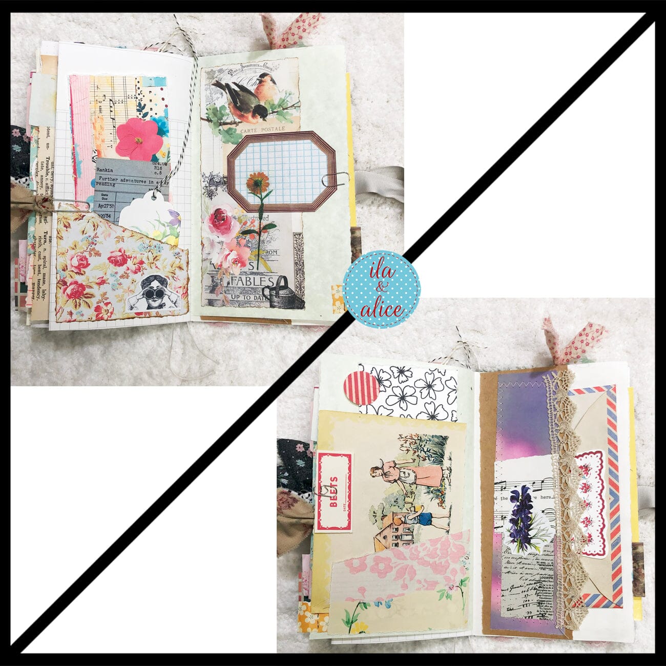 Whimsical Shabby Junk Journal- Pretty neutral tones Collage with Flowers & Lace Journal ila & alice 
