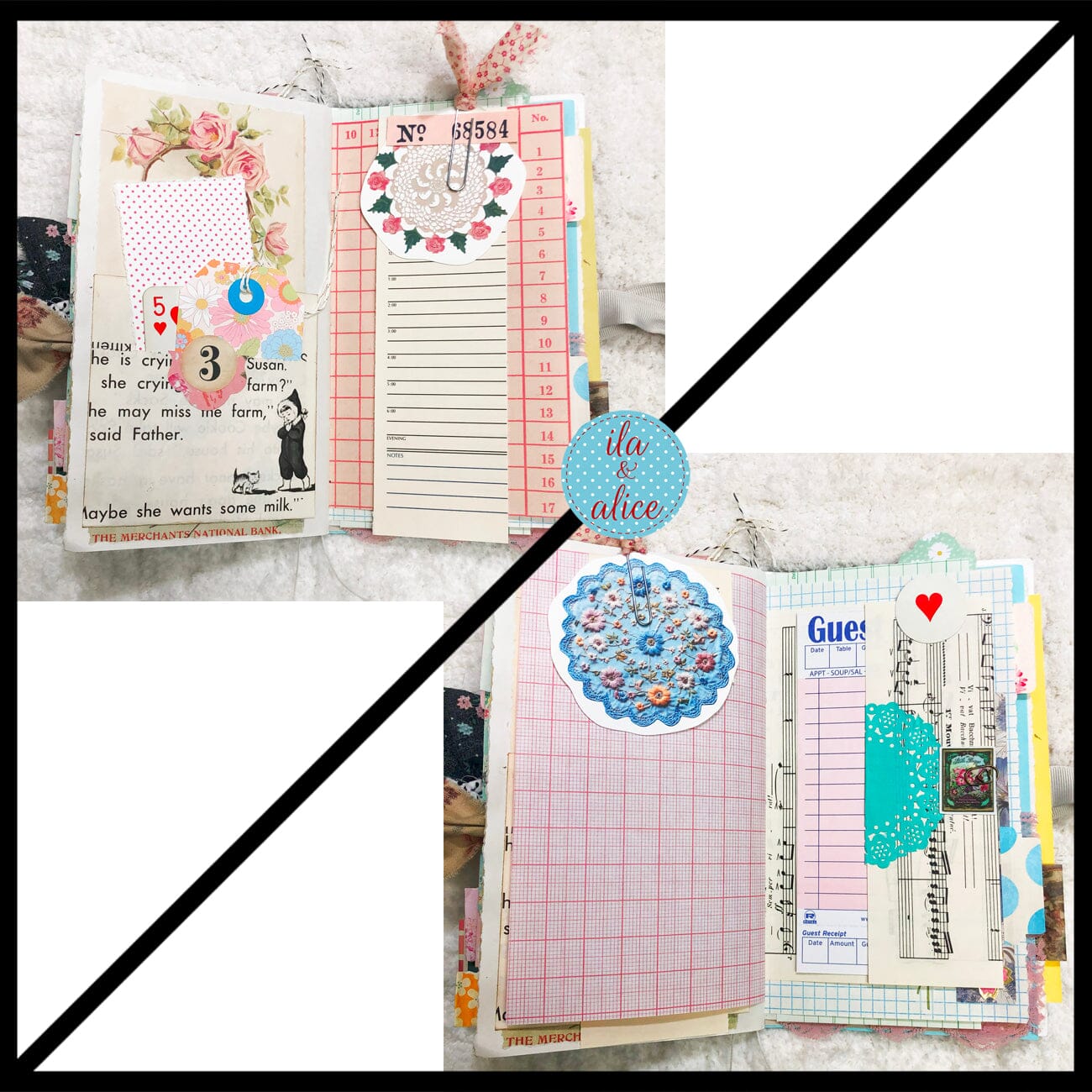 Whimsical Shabby Junk Journal- Pretty neutral tones Collage with Flowers & Lace Journal ila & alice 