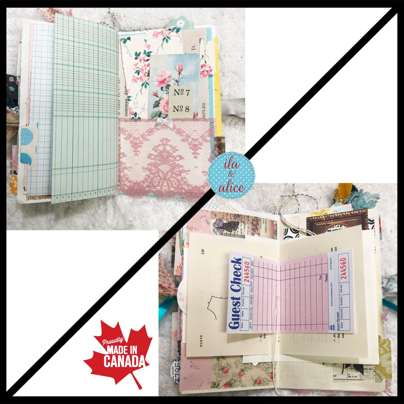 Whimsical Shabby Junk Journal- Pretty neutral tones Collage with Flowers & Lace Journal ila & alice 