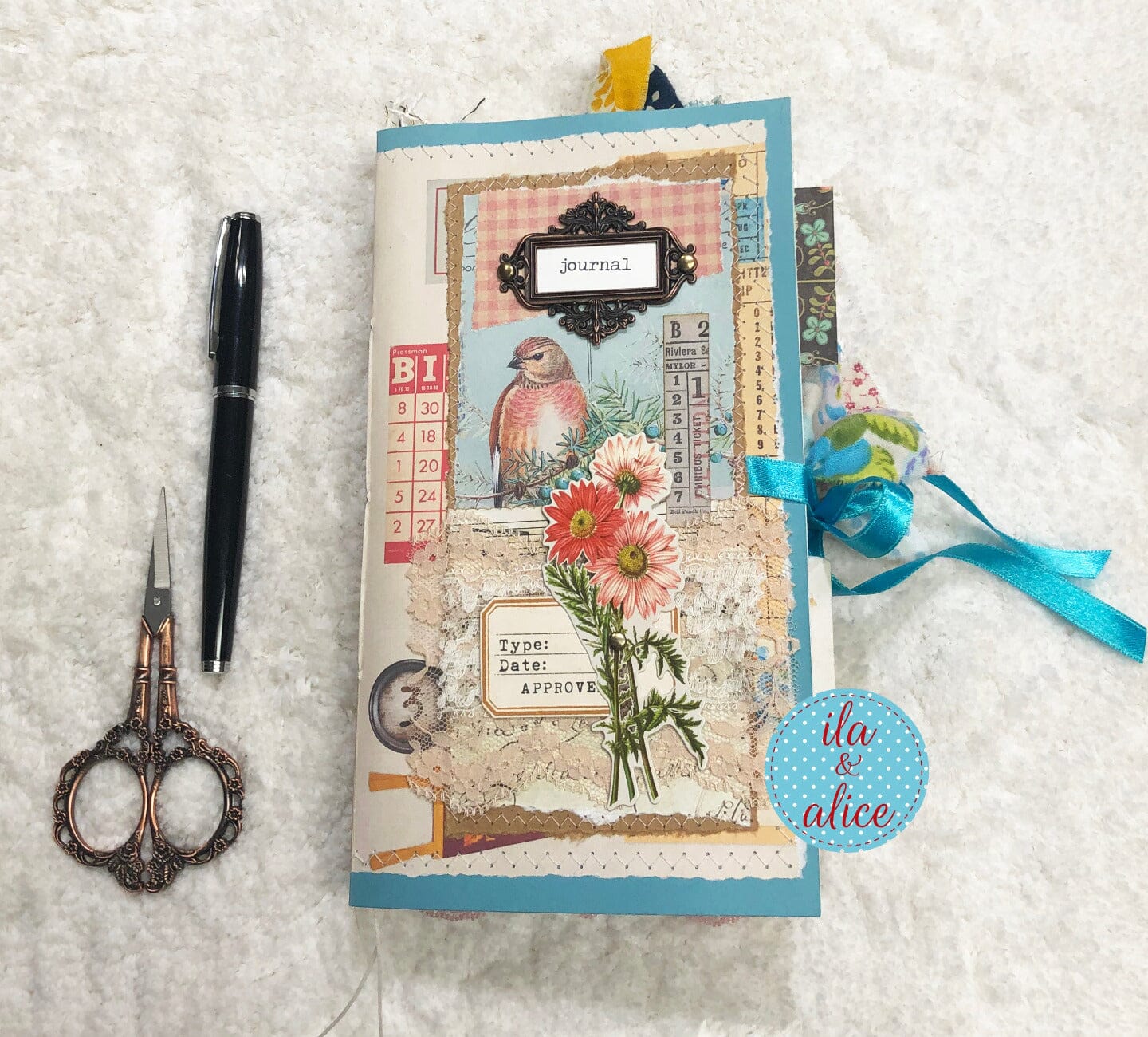 Whimsical Shabby Junk Journal- Blue w Birds Flowers and Lace Collage Journal ila & alice 