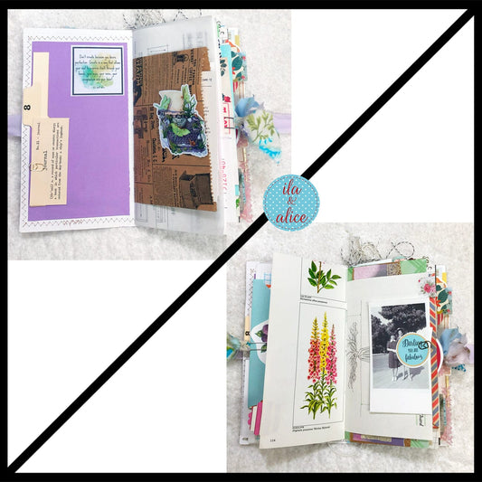 Whimsical Shabby Junk Journal- Blue Floral Mixed Media with Peacock and Lace Journal ila & alice 