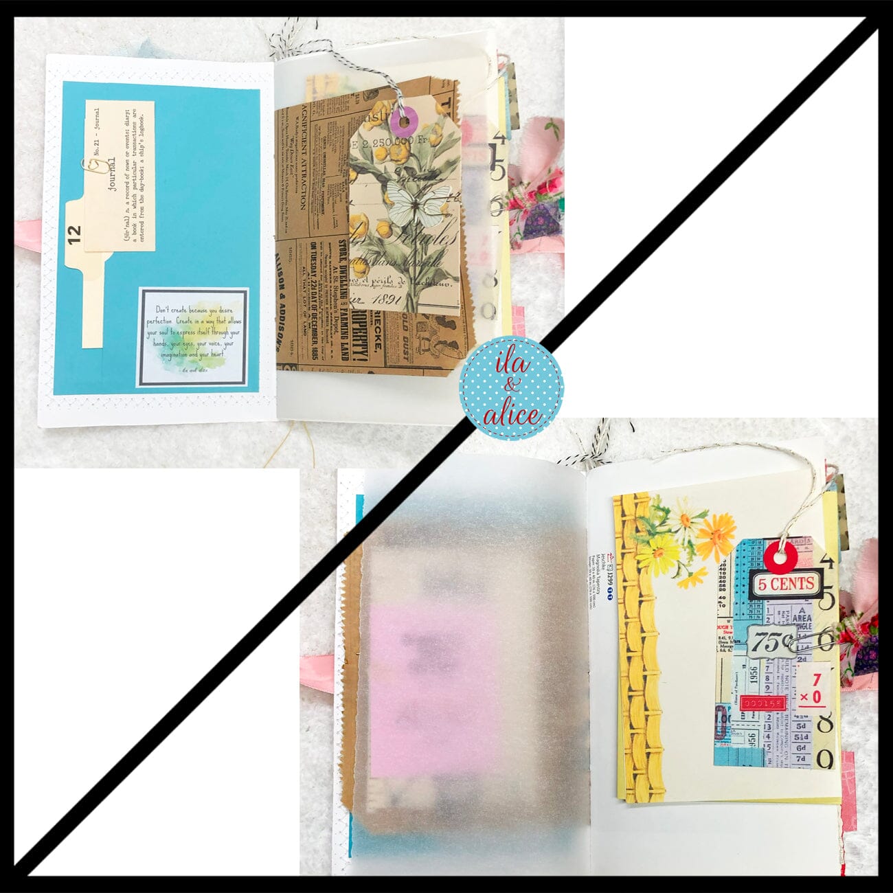 Whimsical Shabby Junk Journal- Pink and Blue Mixed Media w Polka Dots Blue Birds & Daisies Journal ila & alice 