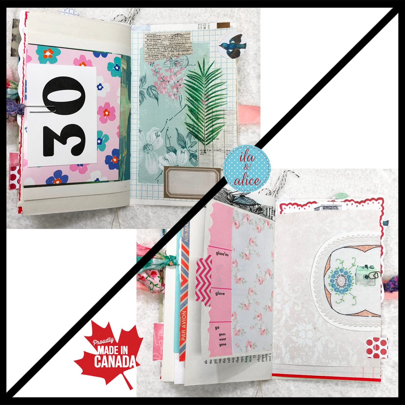 Whimsical Shabby Junk Journal- Pink and Blue Mixed Media w Polka Dots Blue Birds & Daisies Journal ila & alice 
