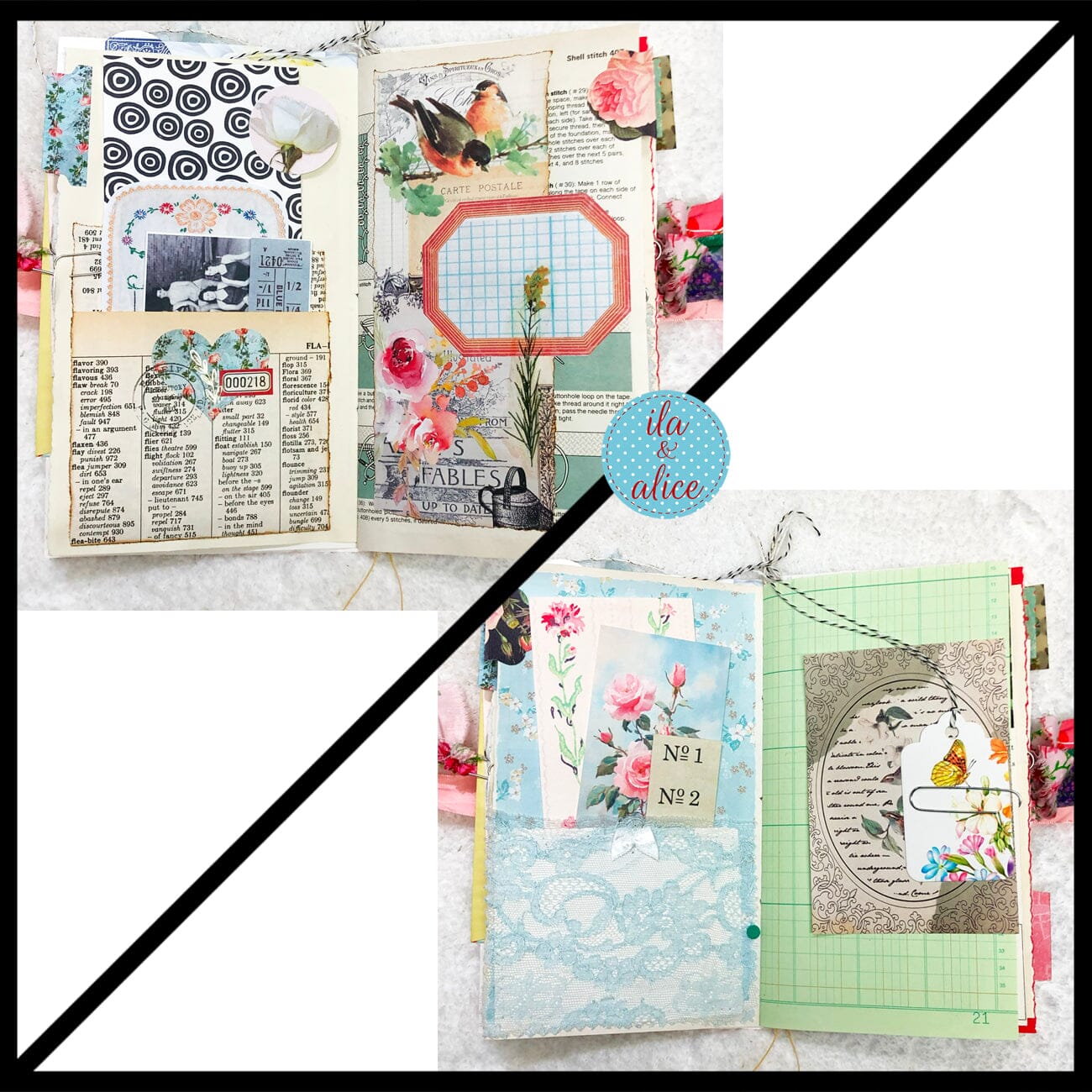 Whimsical Shabby Junk Journal- Pink and Blue Mixed Media w Polka Dots Blue Birds & Daisies Journal ila & alice 