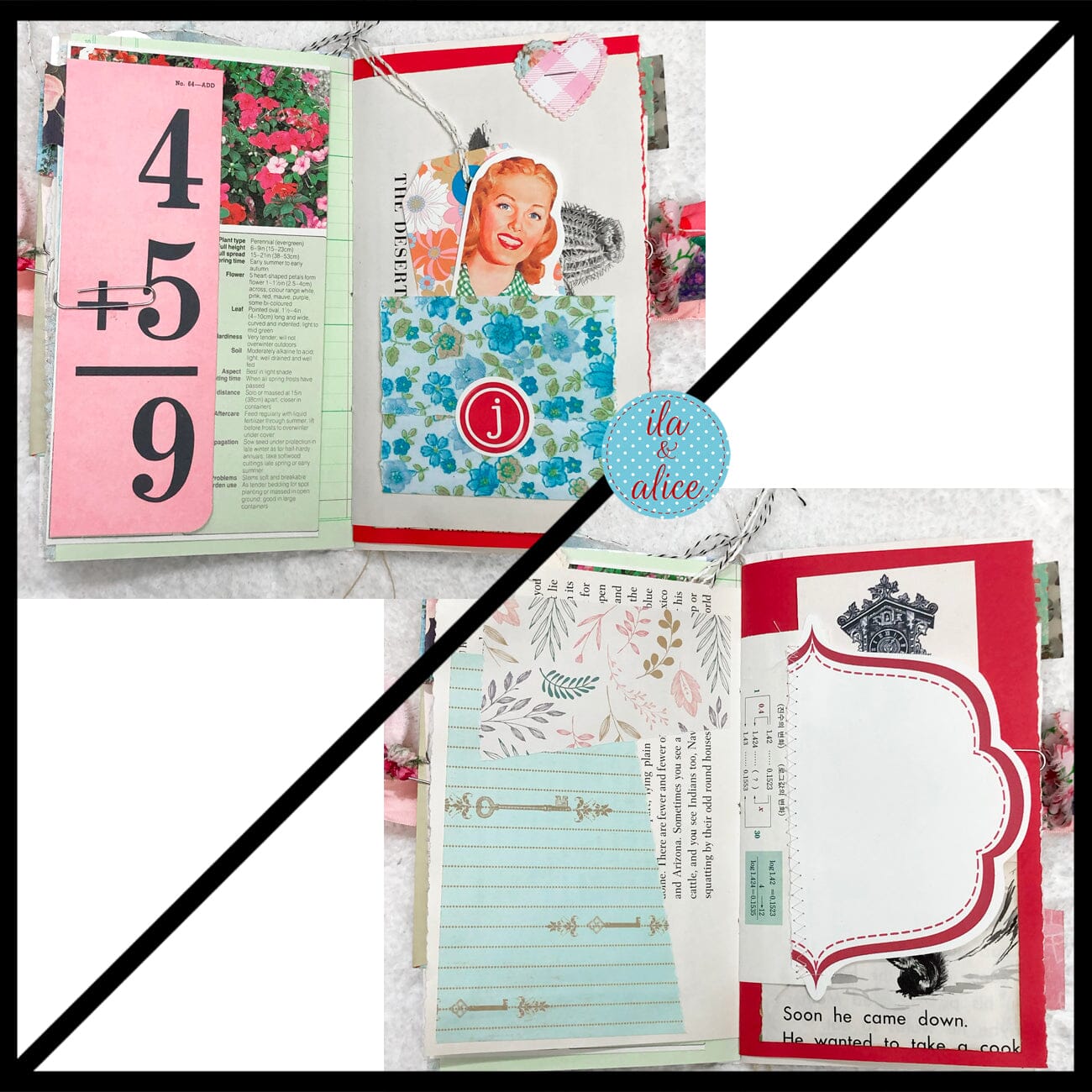 Whimsical Shabby Junk Journal- Pink and Blue Mixed Media w Polka Dots Blue Birds & Daisies Journal ila & alice 