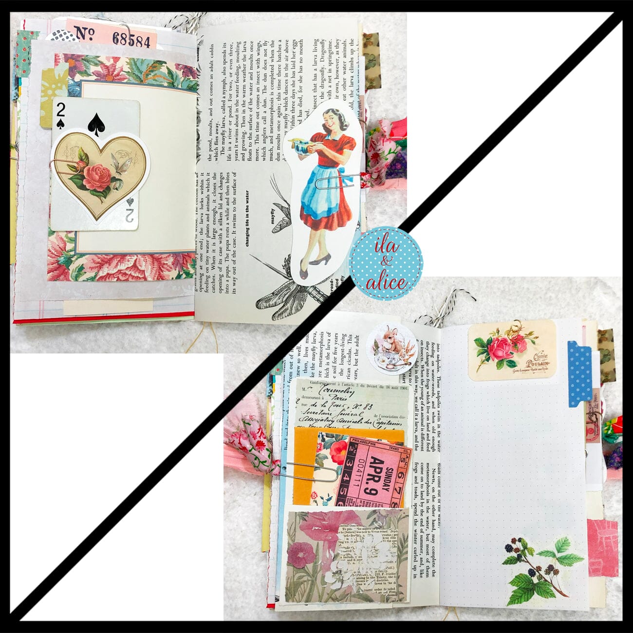 Whimsical Shabby Junk Journal- Pink and Blue Mixed Media w Polka Dots Blue Birds & Daisies Journal ila & alice 