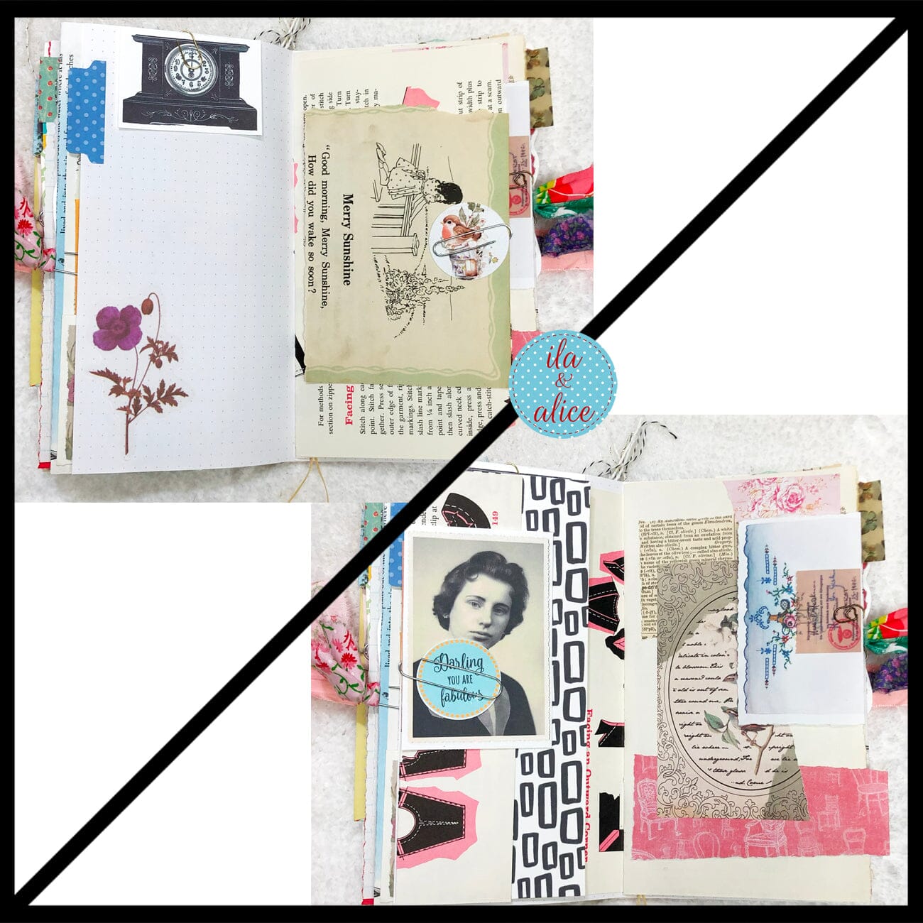 Whimsical Shabby Junk Journal- Pink and Blue Mixed Media w Polka Dots Blue Birds & Daisies Journal ila & alice 