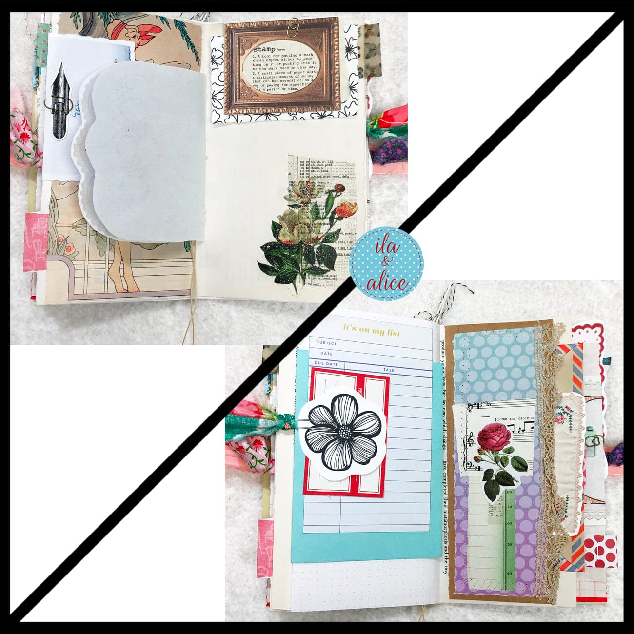 Whimsical Shabby Junk Journal- Pink and Blue Mixed Media w Polka Dots Blue Birds & Daisies Journal ila & alice 