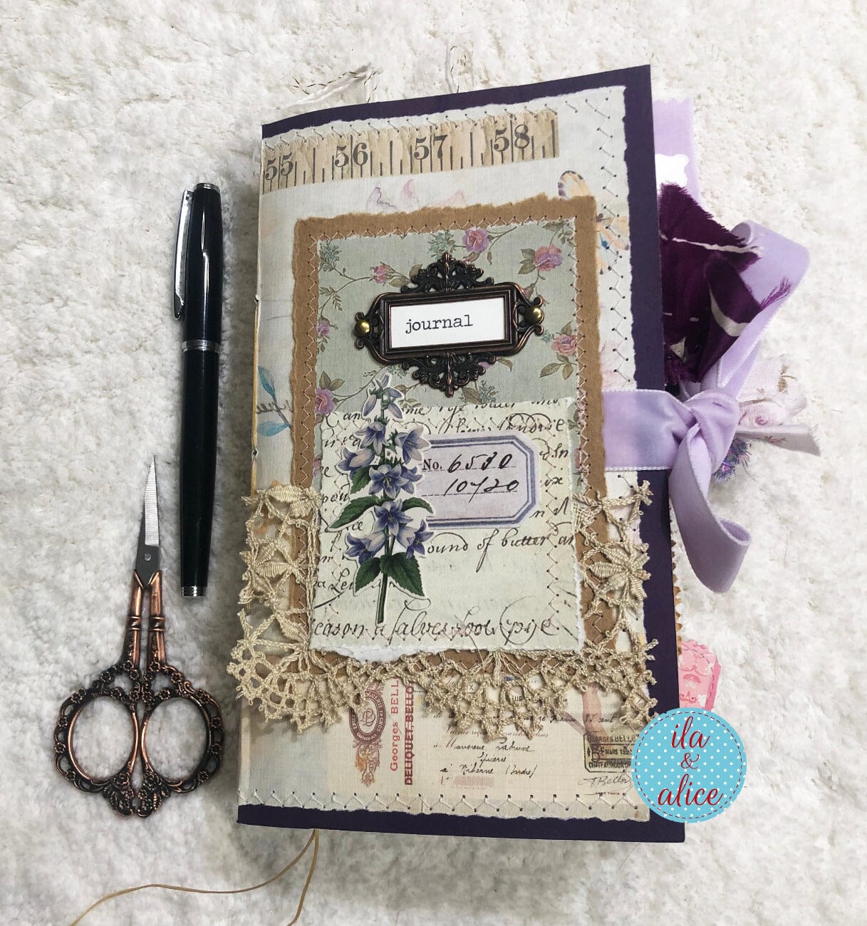 Whimsical Shabby Junk Journal- Purple and Lavender Floral Mixed Media w Lace Journal ila & alice 