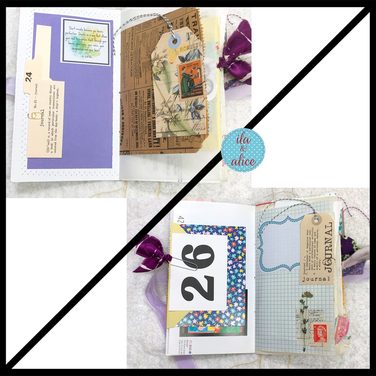 Whimsical Shabby Junk Journal- Purple and Lavender Floral Mixed Media w Lace Journal ila & alice 