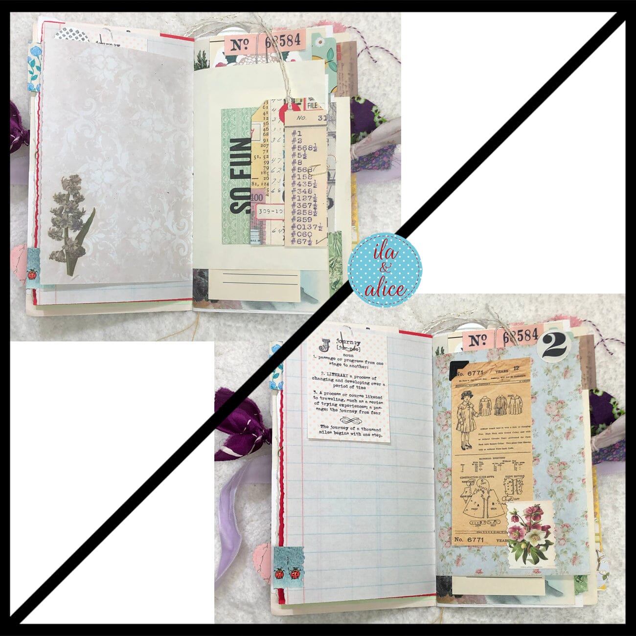 Whimsical Shabby Junk Journal- Purple and Lavender Floral Mixed Media w Lace Journal ila & alice 