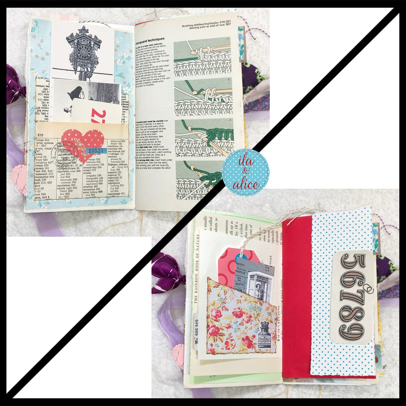 Whimsical Shabby Junk Journal- Purple and Lavender Floral Mixed Media w Lace Journal ila & alice 