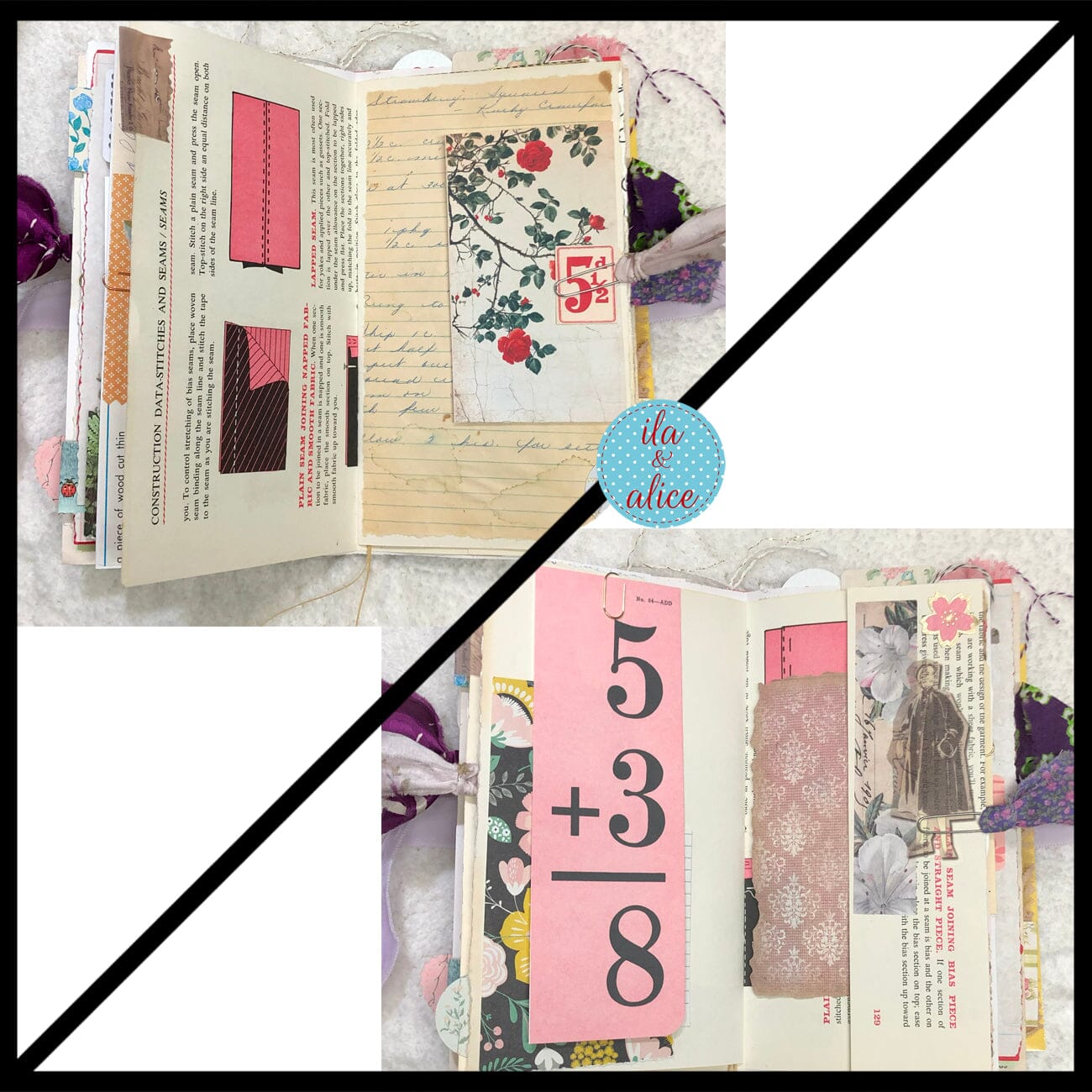 Whimsical Shabby Junk Journal- Purple and Lavender Floral Mixed Media w Lace Journal ila & alice 