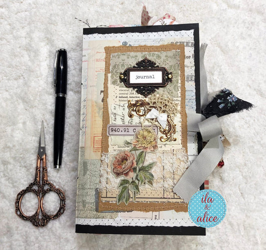 Whimsical Shabby Junk Journal- Pretty neutral tones Collage with Flowers & Lace Journal ila & alice 