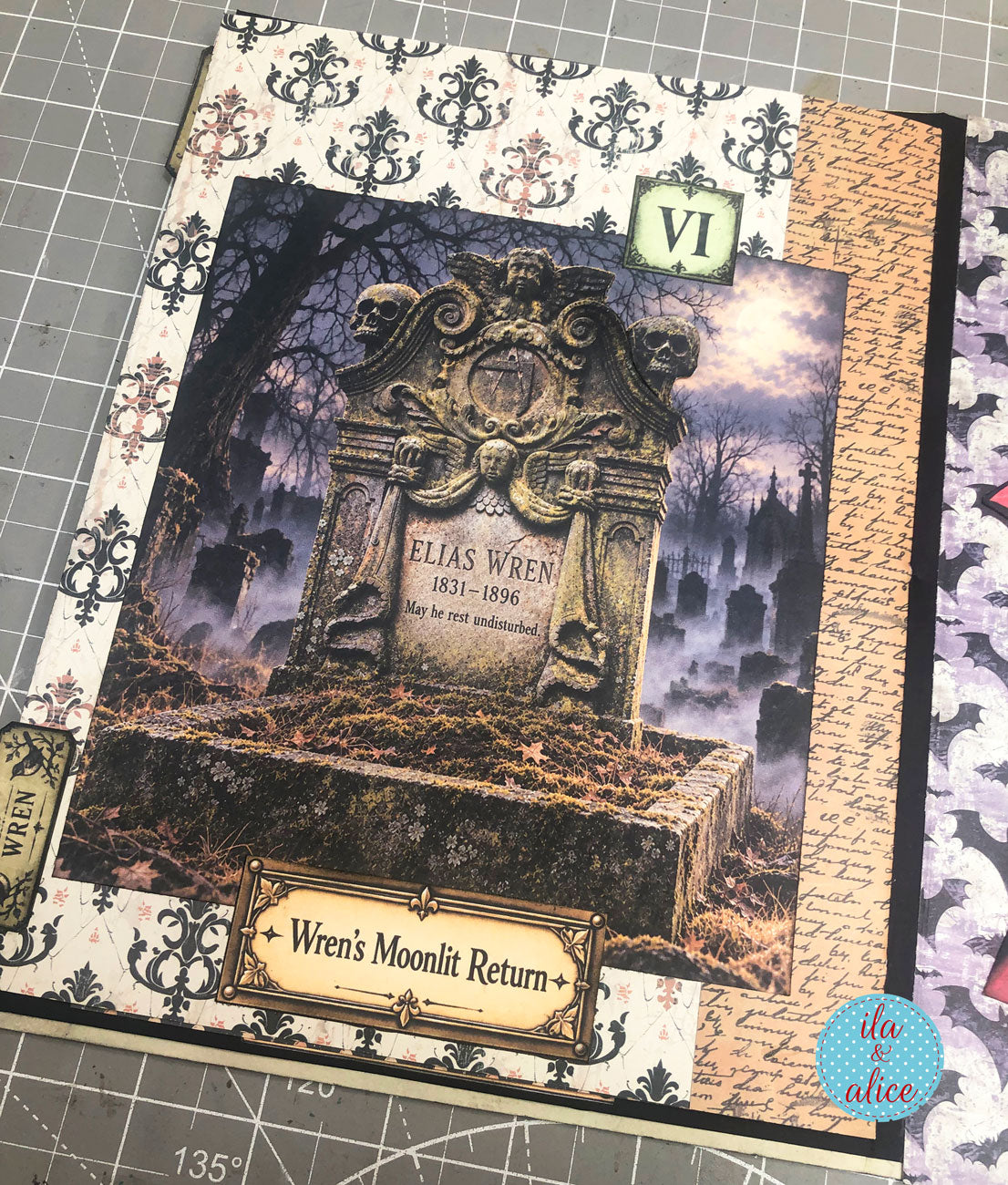 Interactive Halloween journal page featuring Elias Wren’s ornate tombstone in a moonlit cemetery with gothic trees, mist, and a “Wren’s Moonlit Return” label.