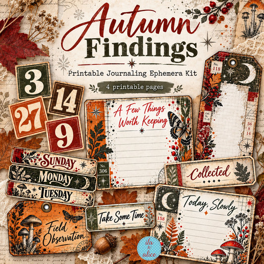 Autumn Findings printable journaling ephemera kit with number tiles, weekday strips, journaling cards, tags and autumn botanical artwork.