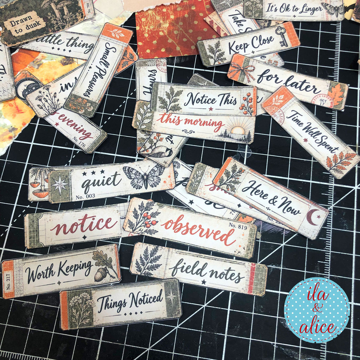 Assorted Autumn Findings phrase tickets including quiet, notice, observed, field notes, Here & Now and This morning.