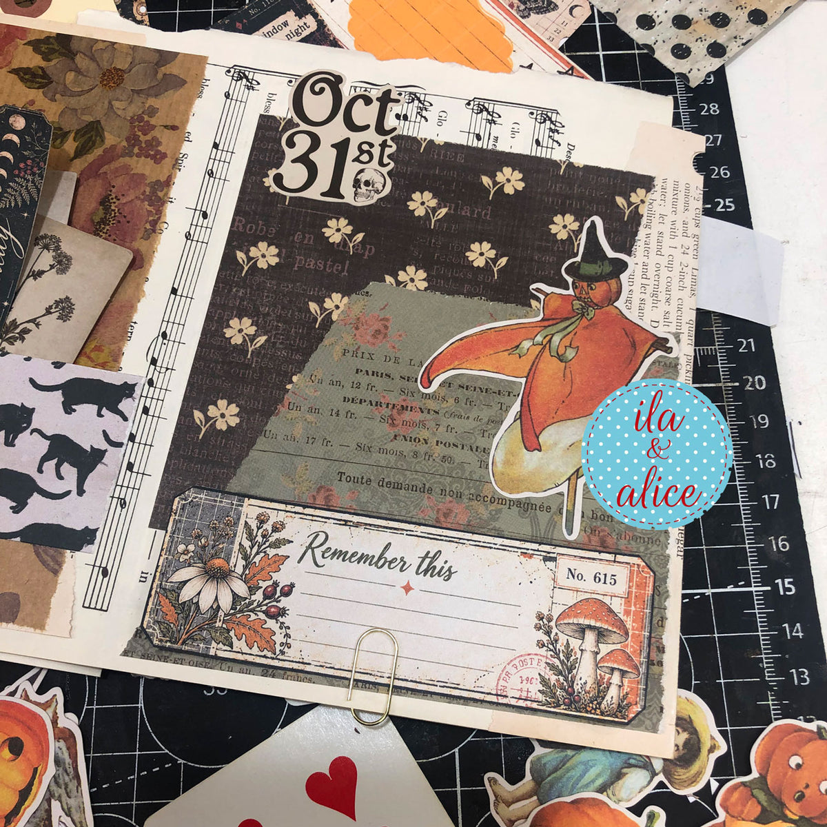 Halloween journal page with vintage witch ephemera, layered patterned papers and an Autumn Findings “Remember this” journaling card with mushrooms and flowers.