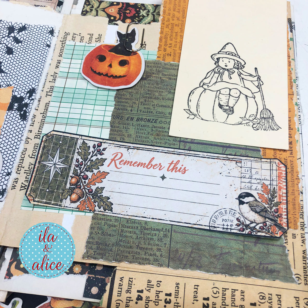 Autumn journal page with pumpkin ephemera, vintage papers and an Autumn Findings “Remember this” journaling card with bird and acorns.