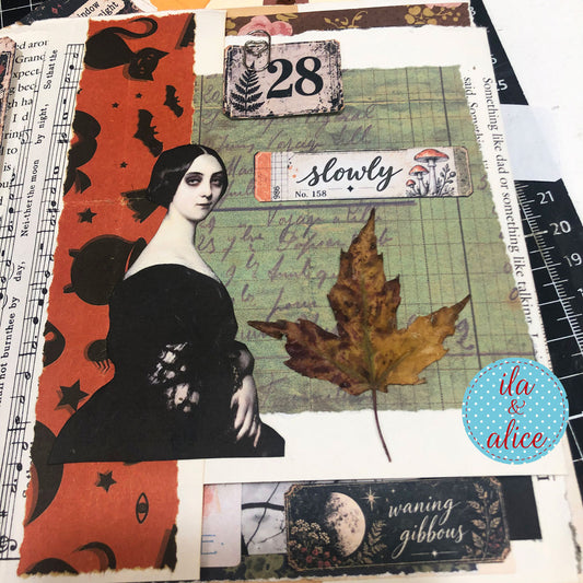 Autumn collage journal page with a vintage portrait, dried leaf, number tile and Autumn Findings “slowly” and waning gibbous labels.