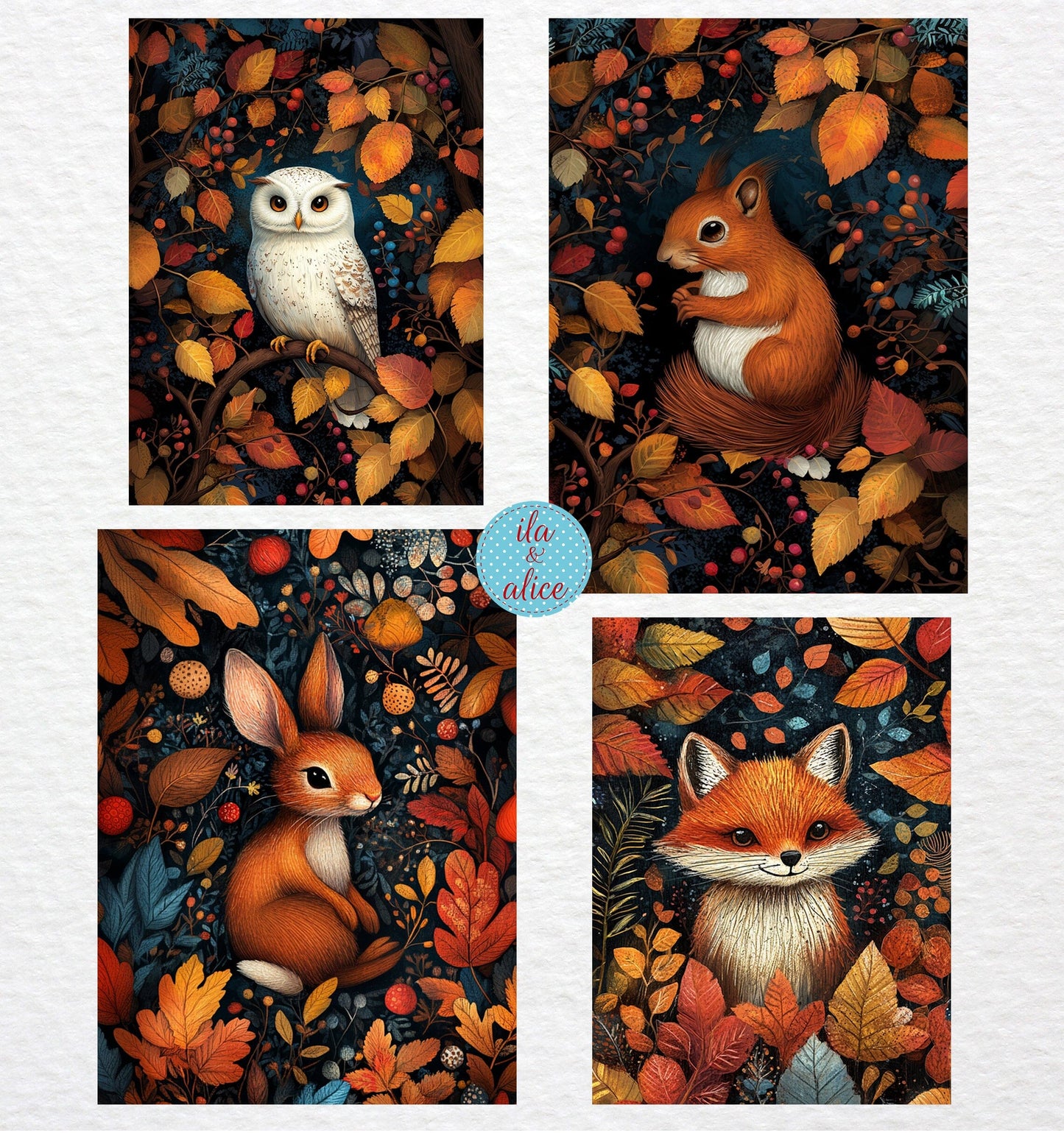 Autumn Forest Animals In Leaves Postcards Post Cards ila & alice 